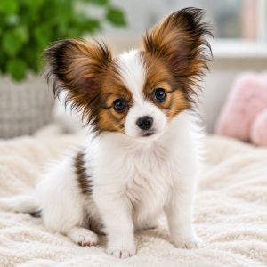 Papillon puppy sitting on a bed