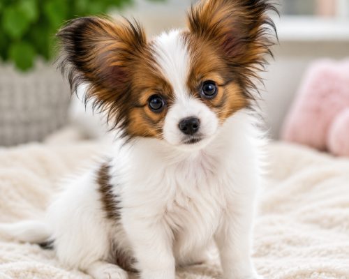 Papillon puppy sitting on a bed