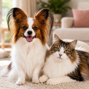 Papillon sitting quietly beside a cat