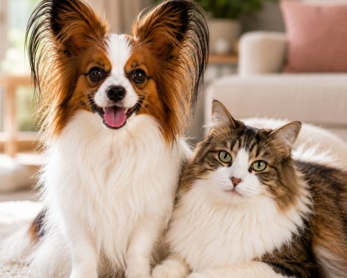 Papillon sitting quietly beside a cat