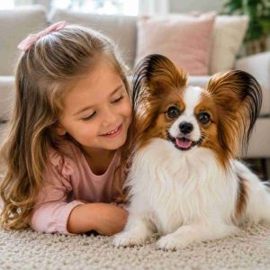 Papillon sitting happily beside a little girl