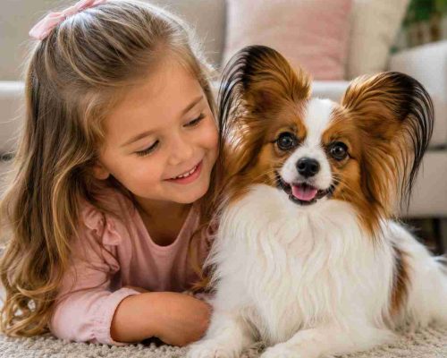Papillon sitting happily beside a little girl