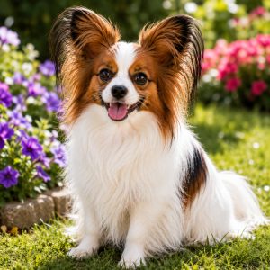 Papillon sitting quietly in a garden