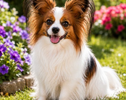 Papillon sitting quietly in a garden