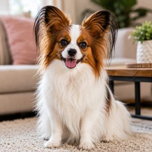 Papillon sitting happily in an apartment setting