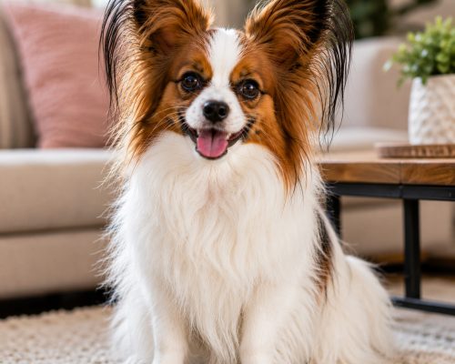 Papillon sitting happily in an apartment setting
