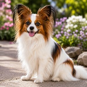 Papillon sitting happily beside some flowers