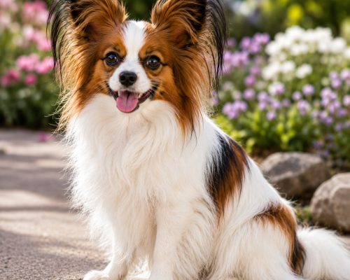 Papillon sitting happily beside some flowers