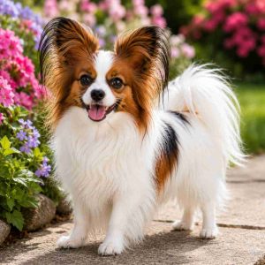 Papillon standing near some flowers