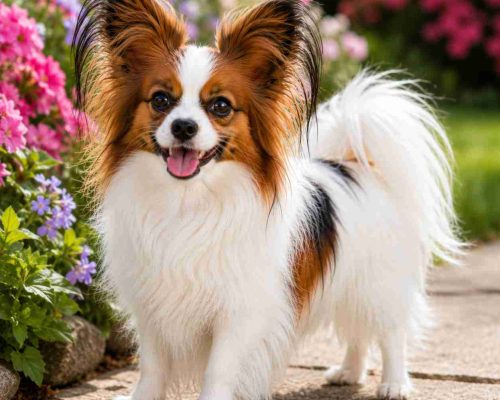 Papillon standing near some flowers