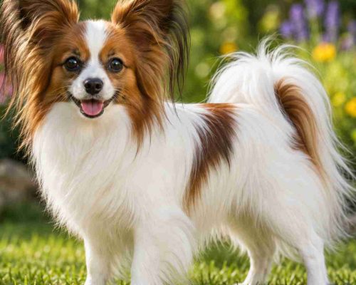 Papillon standing stacked in a flower garden