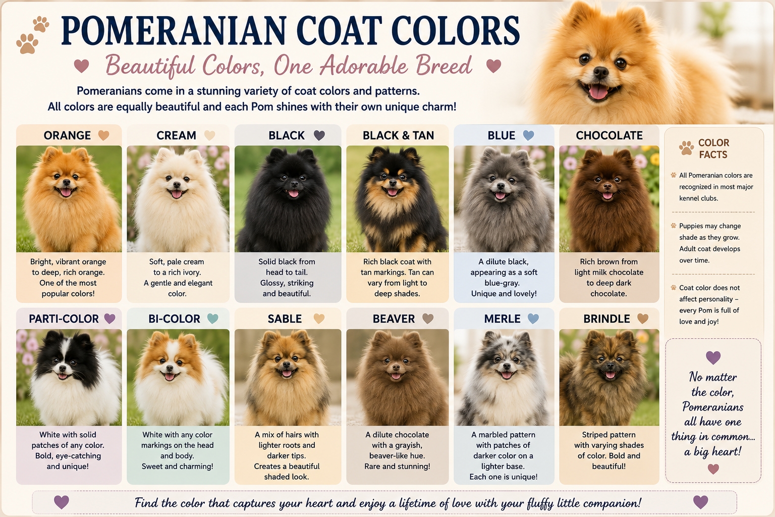 Pomeranian coat colors infographic showing the most common coat colors and patterns
