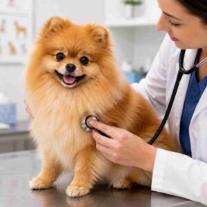Healthy Pomeranian dog being examined by a veterinarian