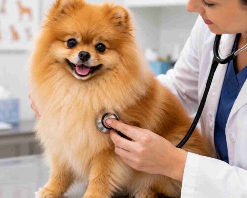 Healthy Pomeranian dog being examined by a veterinarian