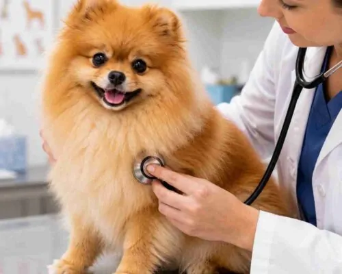 Healthy Pomeranian dog being examined by a veterinarian