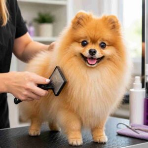 Pomeranian dog being groomed
