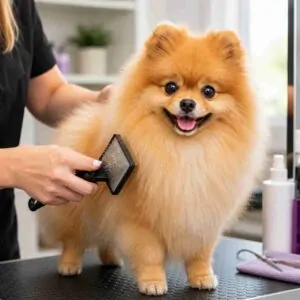 Pomeranian dog being groomed