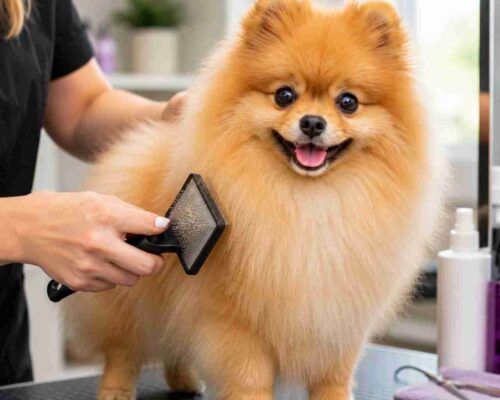 Pomeranian dog being groomed
