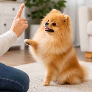 Pomeranian learning a trick