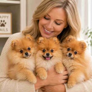 Pomeranian dog breeder cuddling her healthy puppies