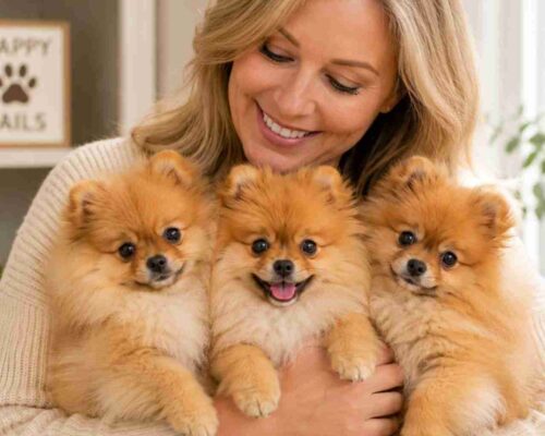 Pomeranian dog breeder cuddling her healthy puppies