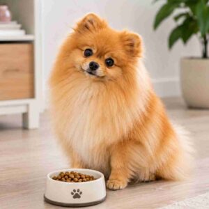 Pomeranian sitting patiently in front of a food bowl