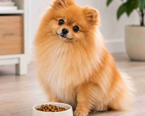 Pomeranian sitting patiently in front of a food bowl