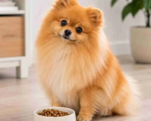 Pomeranian sitting patiently in front of a food bowl