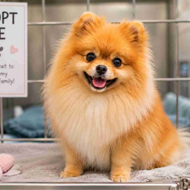 Pomeranian dog in a shelter waiting to be adopted