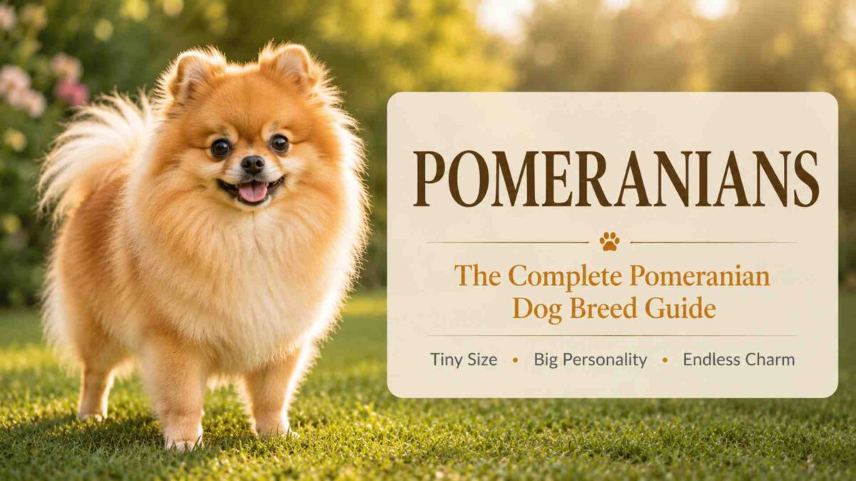 Pomeranian dog standing beside a sign reading 'Pomeranians – The Complete Dog Breed Guide'