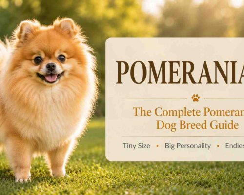 Pomeranian dog standing beside a sign reading "Pomeranians – The Complete Dog Breed Guide" in a beautiful flower garden