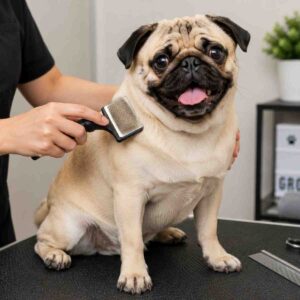 Pug being groomed