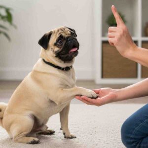 Pug learning a training command