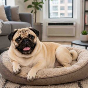 Pug relaxing comfortably in an apartment