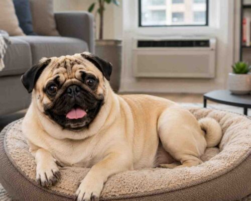 Pug dog living comfortably in an apartment
