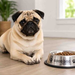 Pug waiting patiently beside food bowl