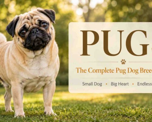 Pug dog standing beside a sign that reads Pugs, the complete pug dog breed guide