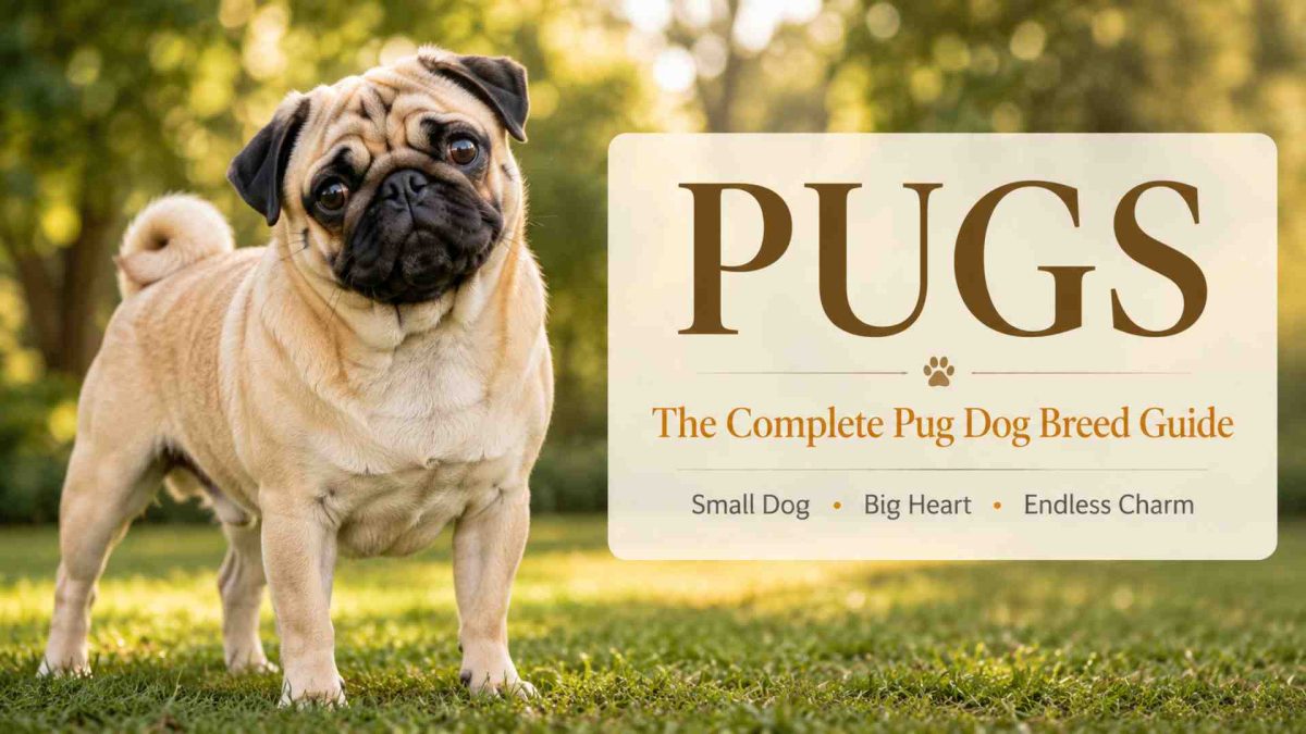 Pug dog standing beside a sign that reads Pugs, the complete pug dog breed guide