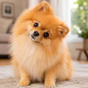 Pomeranian with a puzzled expression, head tilted to one side.