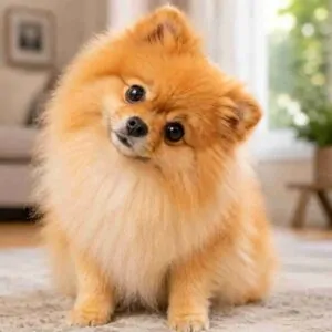 Pomeranian with a puzzled expression, head tilted to one side.