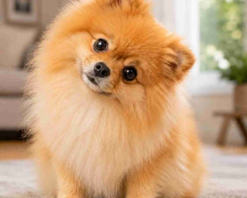 Pomeranian with a puzzled expression, head tilted to one side.
