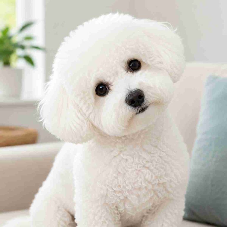 Bichon frise with quizzical expression on face