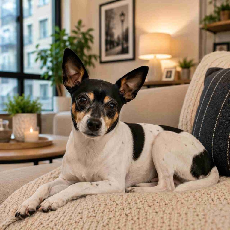 Rat terrier resting comfortably in an apartment living room