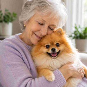 Senior woman cuddling her Pomeranian dog