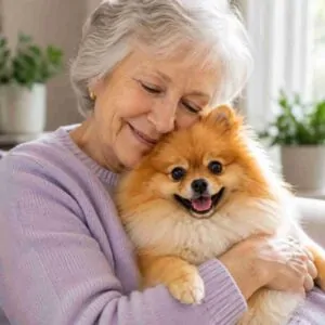 Senior woman cuddling her Pomeranian dog