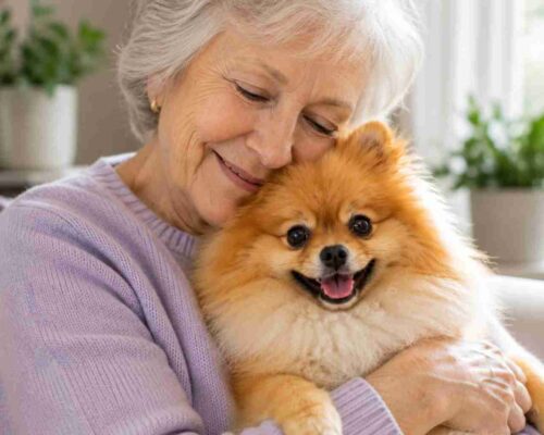 Senior woman cuddling her Pomeranian dog