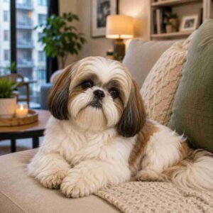 Shih tzu dog resting comfortably in an apartment living room