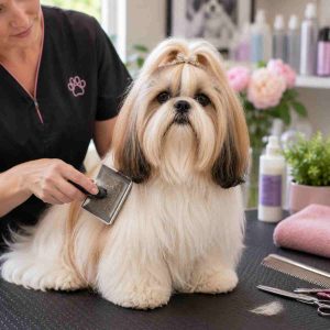 Shih tzu dog being groomed