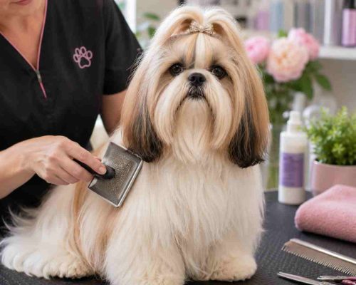 Shih tzu dog being groomed