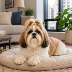 Shih tzu dog resting comfortably in a dog bed in an apartment living room